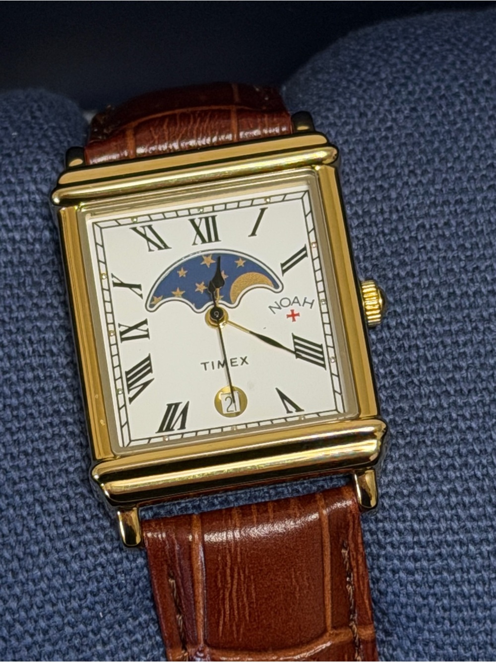 Timex Gold-Tone Rectangular Watch with Brown Leather Strap and Moonphase